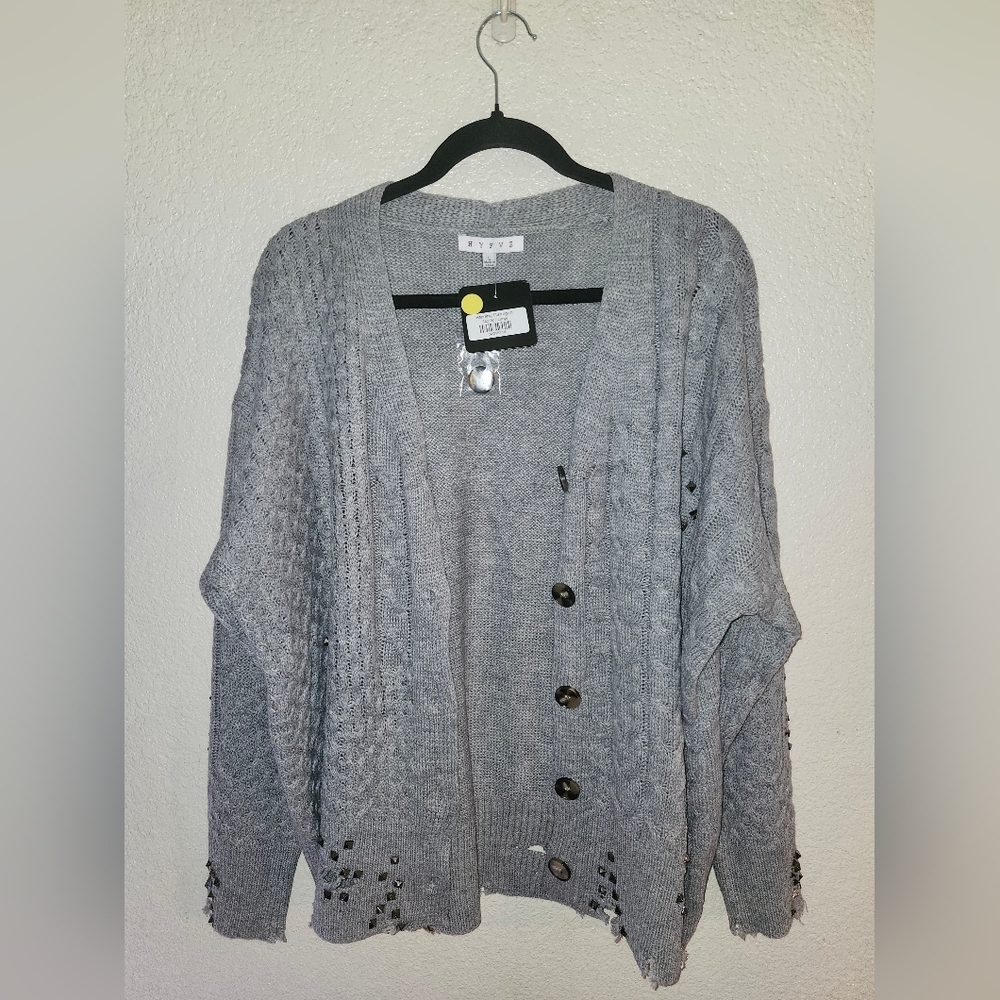 NWT HYFVE "Sterling Cardigan" Button-Up Sweater w/Studs✨️Distressing Gray🩶Large - Picture 15 of 15